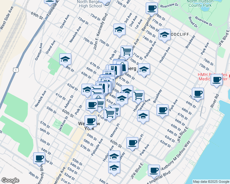 map of restaurants, bars, coffee shops, grocery stores, and more near in West New York