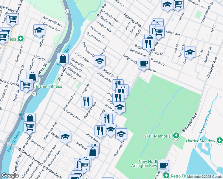map of restaurants, bars, coffee shops, grocery stores, and more near 78 Gold Street in North Arlington