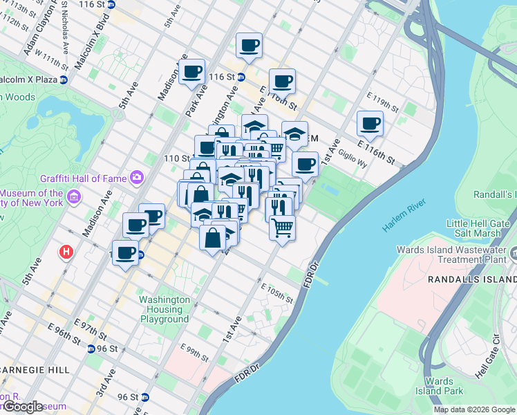 map of restaurants, bars, coffee shops, grocery stores, and more near 303 East 109th Street in New York