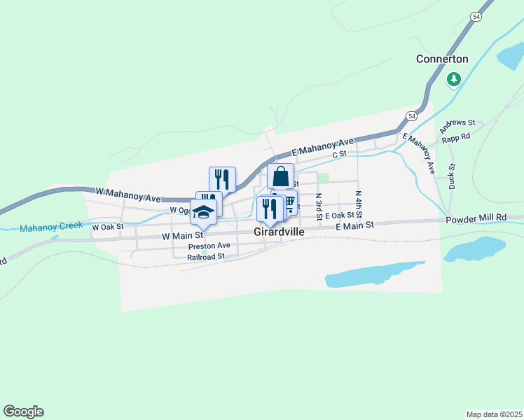 map of restaurants, bars, coffee shops, grocery stores, and more near 126 North Line Street in Girardville