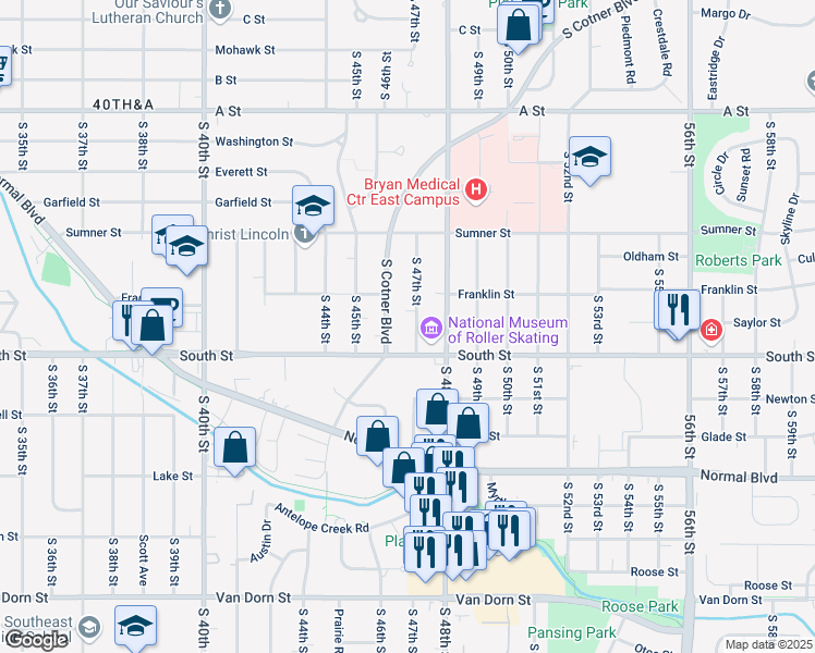 map of restaurants, bars, coffee shops, grocery stores, and more near 2001 South 47th Street in Lincoln