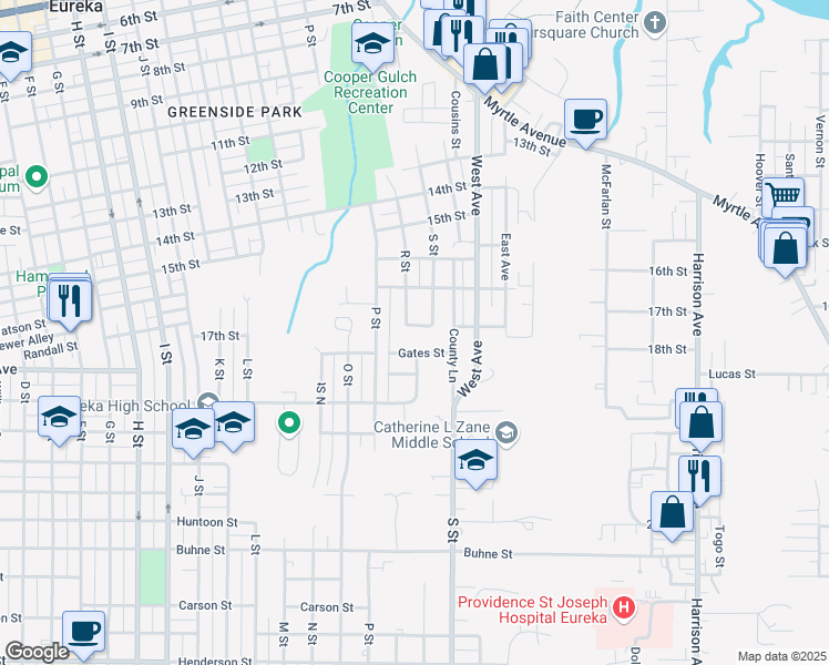 map of restaurants, bars, coffee shops, grocery stores, and more near 1714 18th Street in Eureka