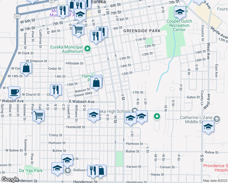 map of restaurants, bars, coffee shops, grocery stores, and more near H Street & 17th Street in Eureka