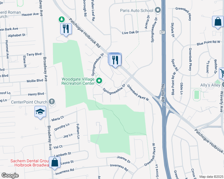 map of restaurants, bars, coffee shops, grocery stores, and more near 209G Springmeadow Dr in Holbrook