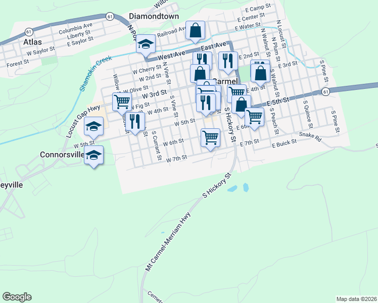 map of restaurants, bars, coffee shops, grocery stores, and more near 341 South Vine Street in Mount Carmel