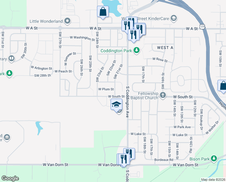 map of restaurants, bars, coffee shops, grocery stores, and more near 2011 Southwest 21st Street in Lincoln