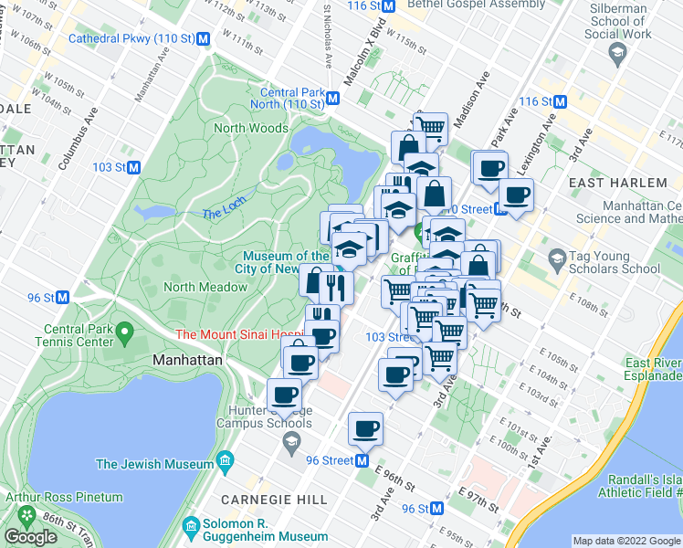 map of restaurants, bars, coffee shops, grocery stores, and more near 1220 Fifth Ave in New York