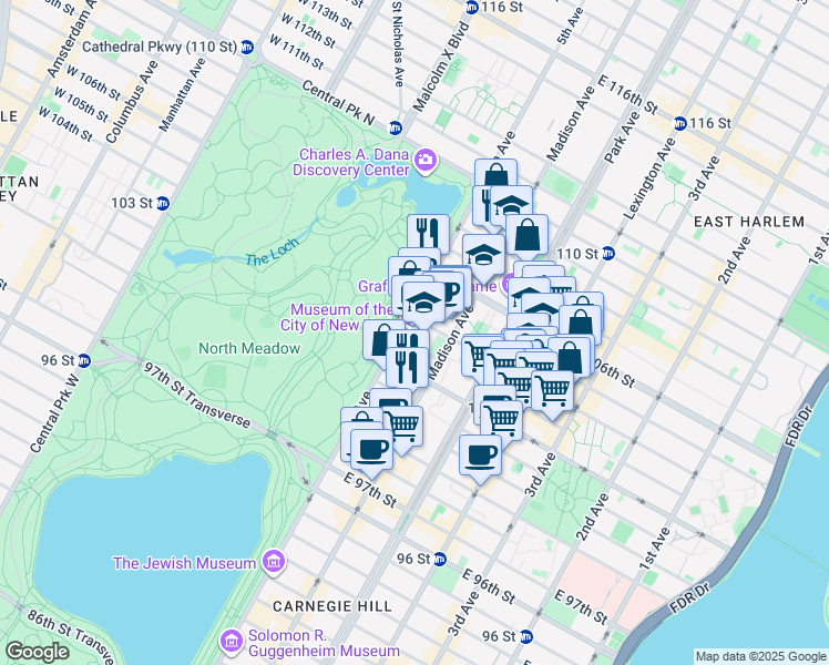 map of restaurants, bars, coffee shops, grocery stores, and more near 1220 5th Avenue in New York