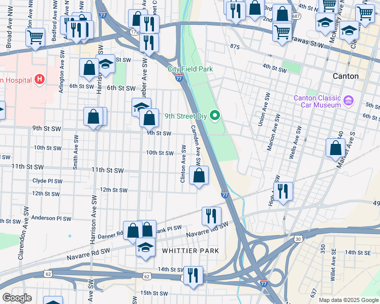 map of restaurants, bars, coffee shops, grocery stores, and more near 1515 10th Street Southwest in Canton