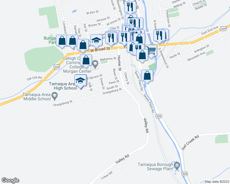 map of restaurants, bars, coffee shops, grocery stores, and more near 138 1/2 Orwigsburg Street in Tamaqua