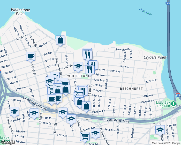 map of restaurants, bars, coffee shops, grocery stores, and more near 1030 154th Street in Queens