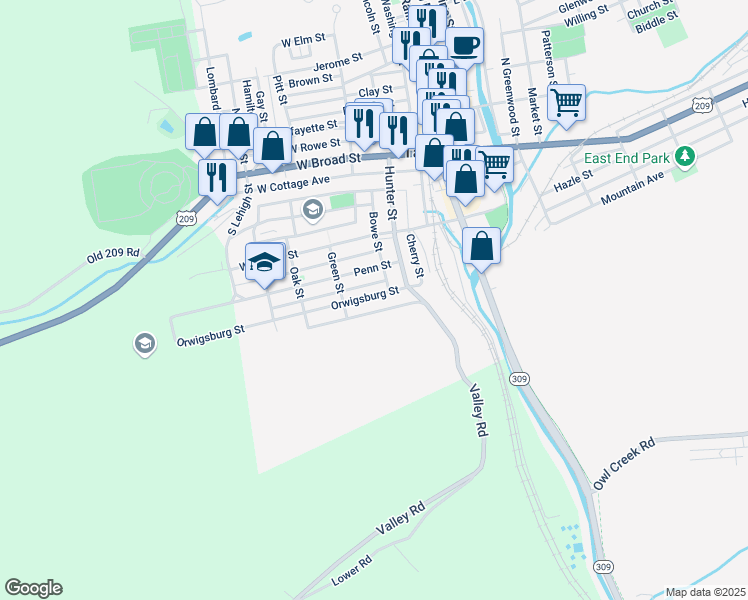 map of restaurants, bars, coffee shops, grocery stores, and more near 140 Orwigsburg Street in Tamaqua