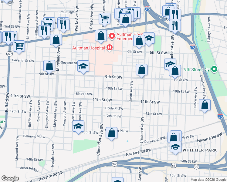 map of restaurants, bars, coffee shops, grocery stores, and more near 2422 10th Street Southwest in Canton