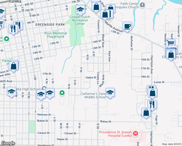 map of restaurants, bars, coffee shops, grocery stores, and more near 1714 18th Street in Eureka