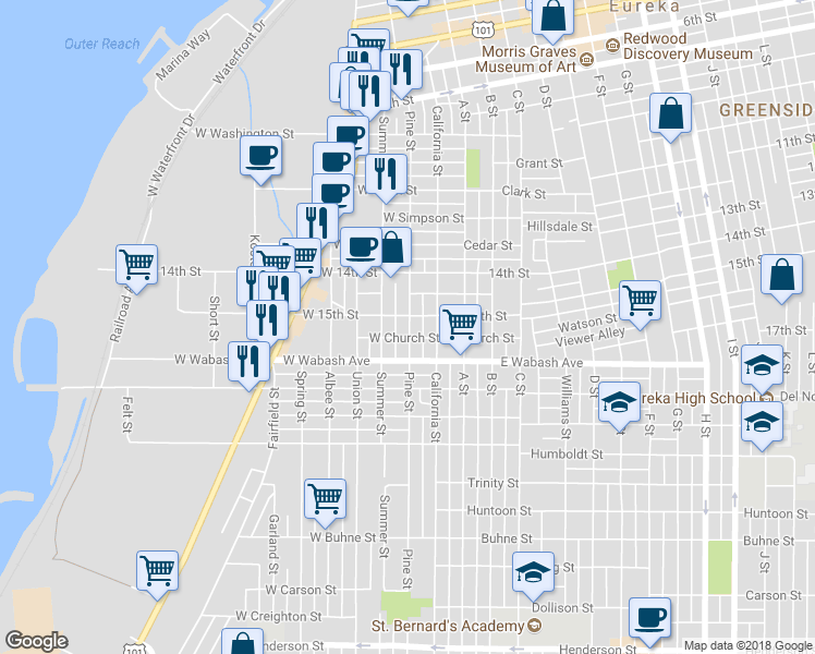 map of restaurants, bars, coffee shops, grocery stores, and more near 1616 Pine Street in Eureka