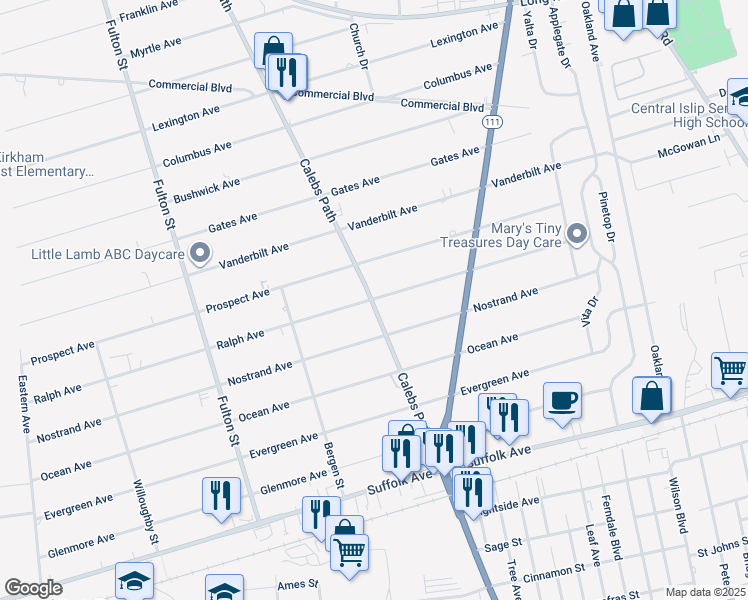 map of restaurants, bars, coffee shops, grocery stores, and more near 57 Ralph Avenue in Brentwood