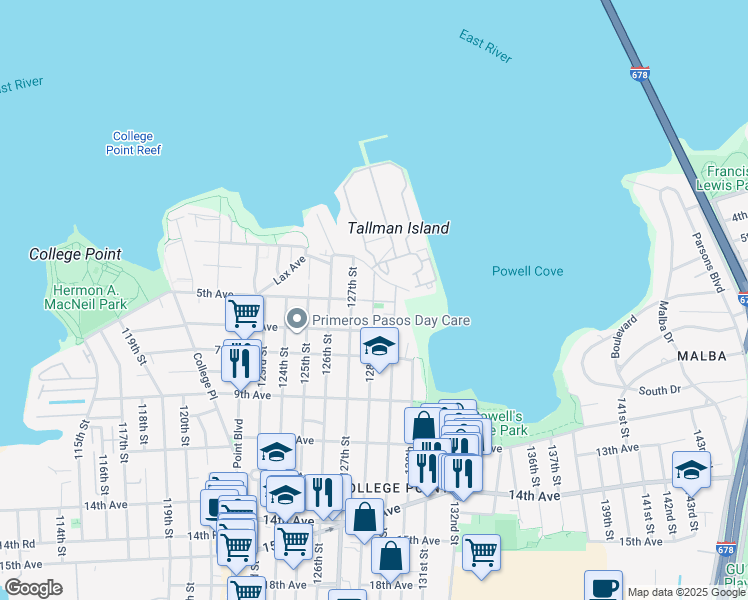map of restaurants, bars, coffee shops, grocery stores, and more near 5-03 127th Street in Queens