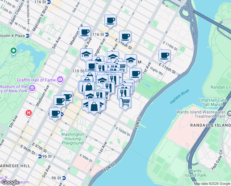map of restaurants, bars, coffee shops, grocery stores, and more near in New York