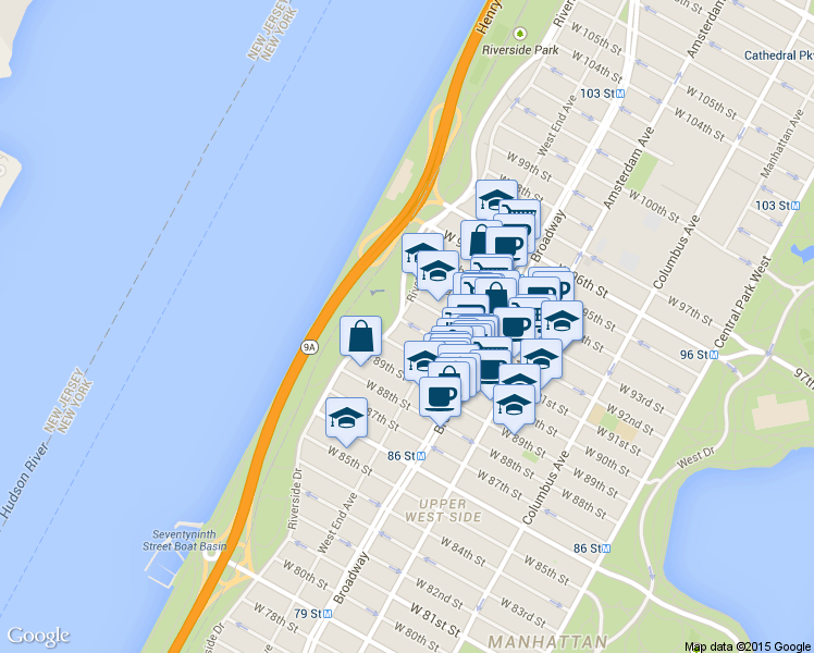 map of restaurants, bars, coffee shops, grocery stores, and more near 187 Riverside Drive in New York