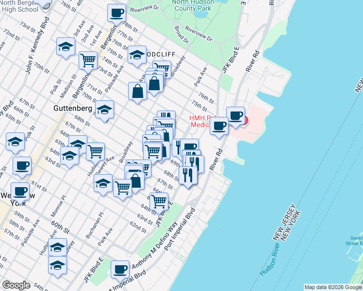 map of restaurants, bars, coffee shops, grocery stores, and more near in Guttenberg