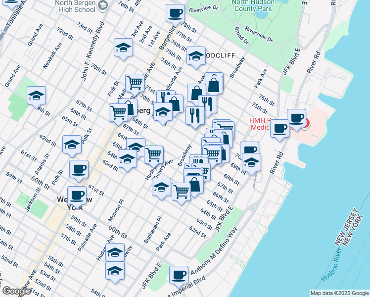 map of restaurants, bars, coffee shops, grocery stores, and more near 209 68th Street in Guttenberg