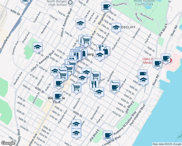 map of restaurants, bars, coffee shops, grocery stores, and more near 6600 Palisade Avenue in West New York