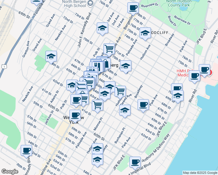 map of restaurants, bars, coffee shops, grocery stores, and more near 418 65th Street in West New York
