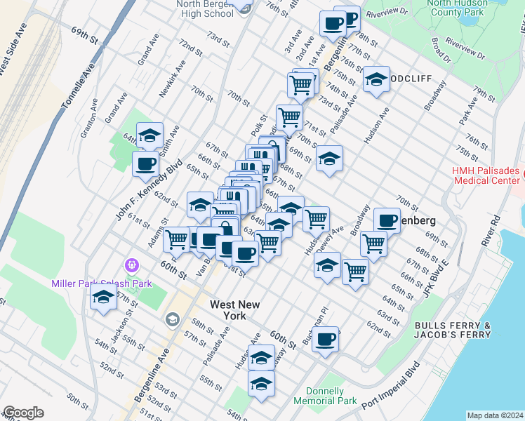 map of restaurants, bars, coffee shops, grocery stores, and more near 6408 Bergenline Avenue in West New York