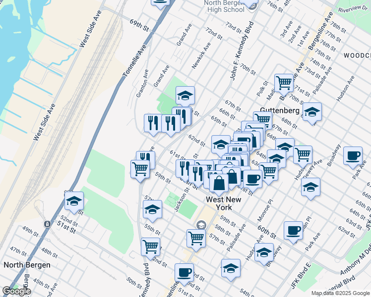 map of restaurants, bars, coffee shops, grocery stores, and more near 6122 Jefferson Street in West New York