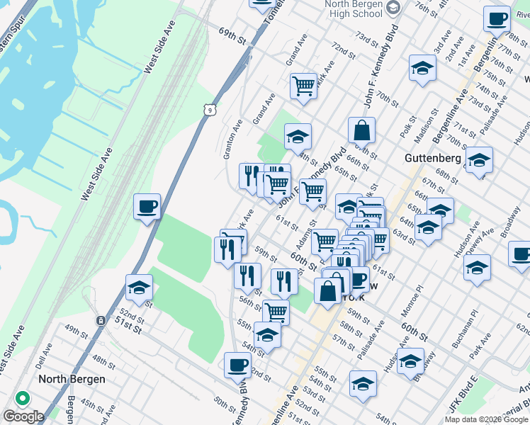map of restaurants, bars, coffee shops, grocery stores, and more near 5665 John F. Kennedy Boulevard in North Bergen
