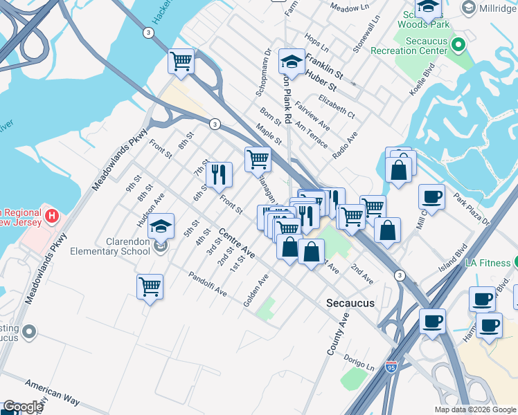 map of restaurants, bars, coffee shops, grocery stores, and more near 191A Flanagan Way in Secaucus