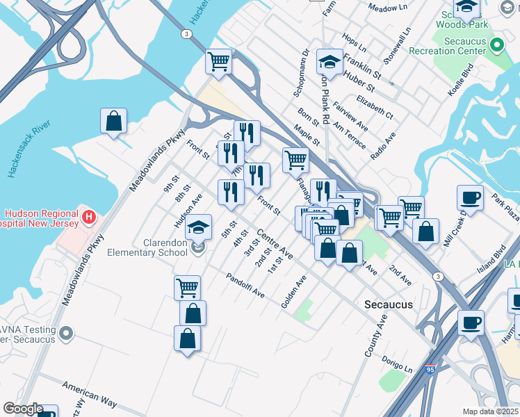 map of restaurants, bars, coffee shops, grocery stores, and more near 775 4th Street in Secaucus