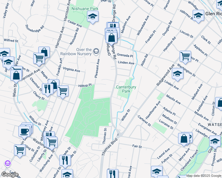 map of restaurants, bars, coffee shops, grocery stores, and more near 387 Orange Road in Montclair