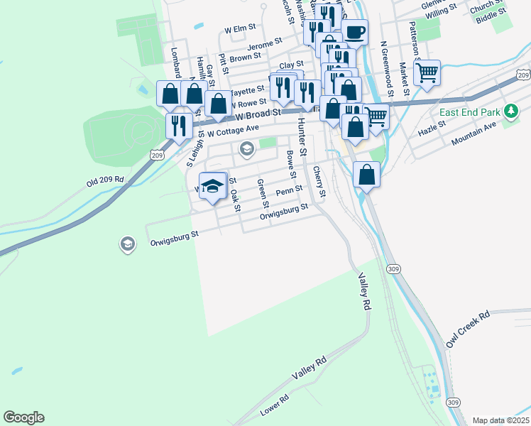 map of restaurants, bars, coffee shops, grocery stores, and more near 230 Green Street in Tamaqua