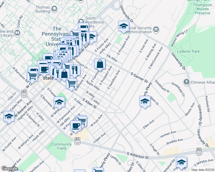 map of restaurants, bars, coffee shops, grocery stores, and more near Berry Alley in State College