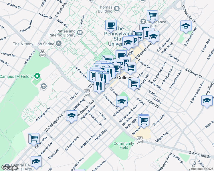map of restaurants, bars, coffee shops, grocery stores, and more near 201 West Beaver Avenue in State College