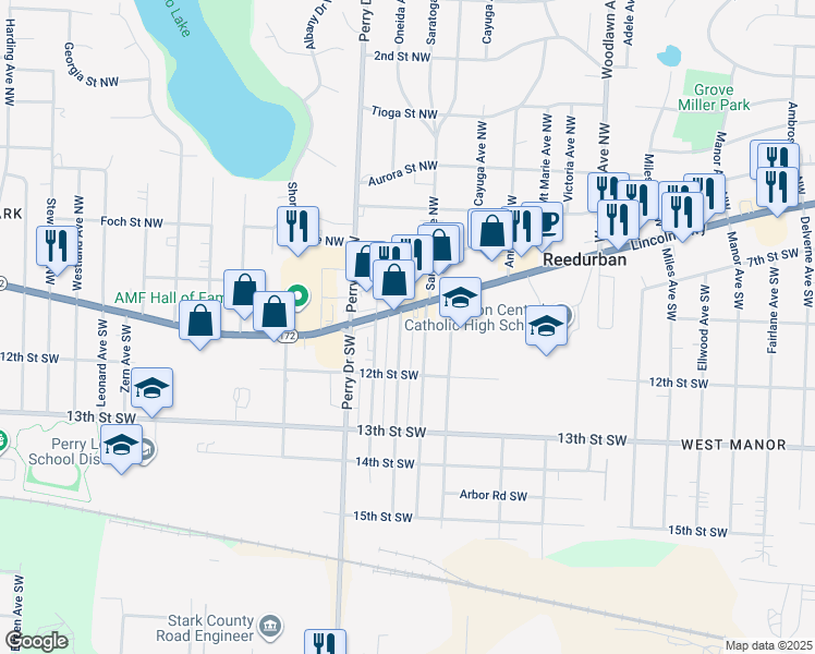 map of restaurants, bars, coffee shops, grocery stores, and more near 112 Brooklyn Avenue Southwest in Canton