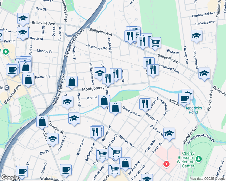 map of restaurants, bars, coffee shops, grocery stores, and more near 114 Montgomery Street in Bloomfield