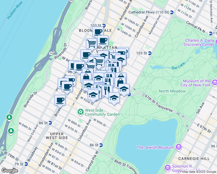 map of restaurants, bars, coffee shops, grocery stores, and more near 750 Columbus Avenue in New York