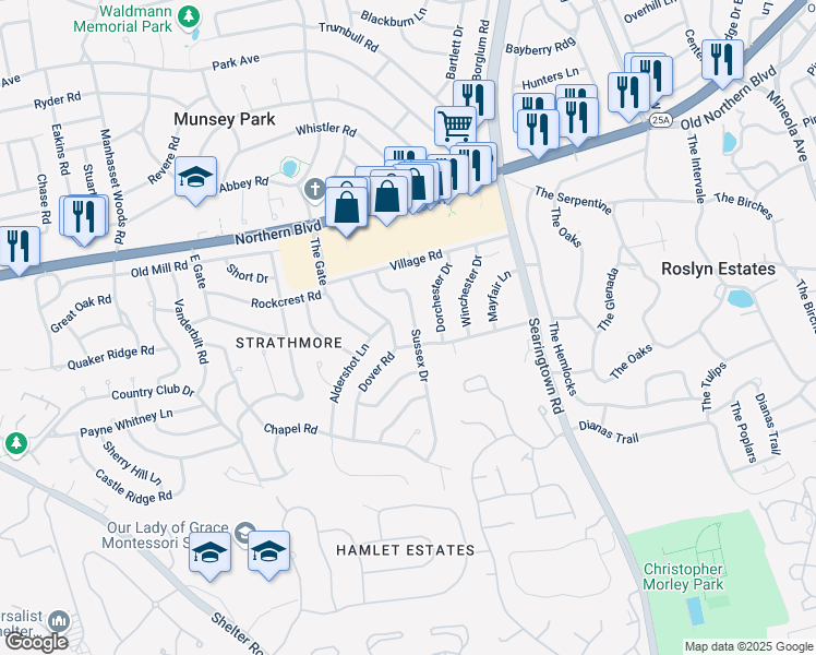 map of restaurants, bars, coffee shops, grocery stores, and more near 145 Sussex Drive in Manhasset