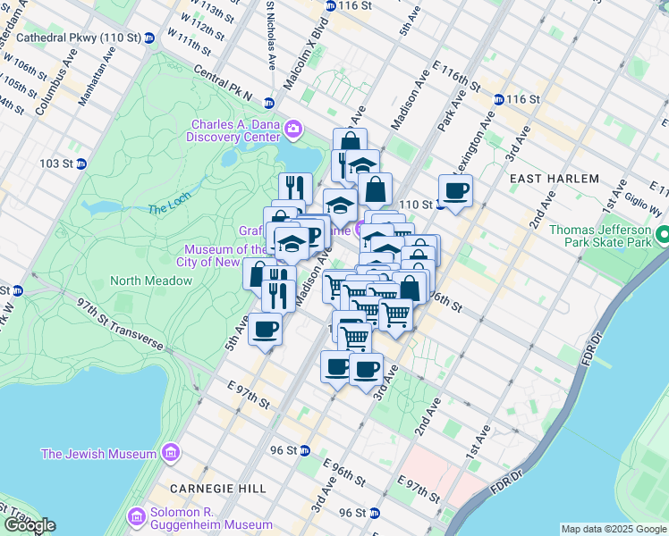 map of restaurants, bars, coffee shops, grocery stores, and more near 1545 Madison Avenue in New York
