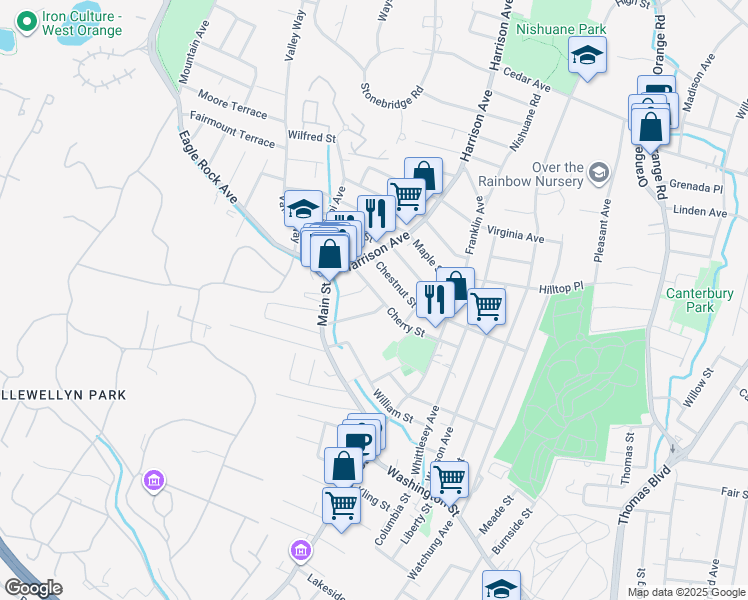 map of restaurants, bars, coffee shops, grocery stores, and more near 60 Cherry Street in West Orange