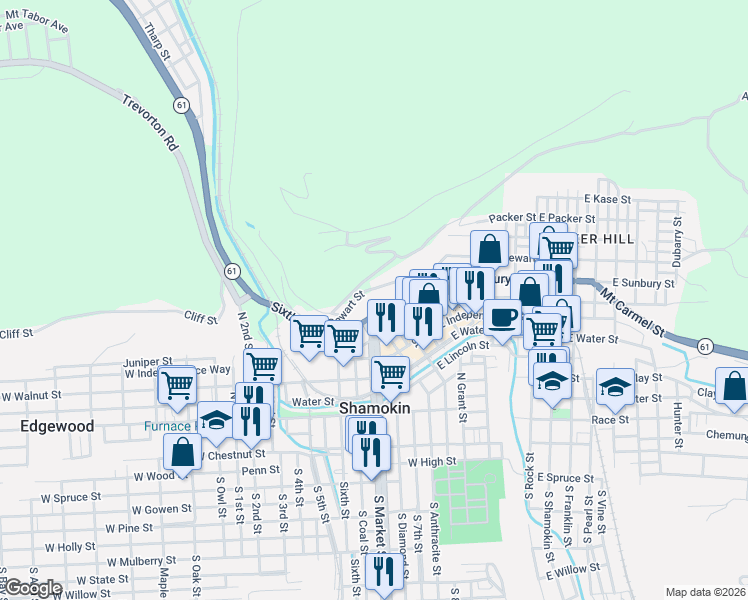 map of restaurants, bars, coffee shops, grocery stores, and more near 21 West Sunbury Street in Shamokin