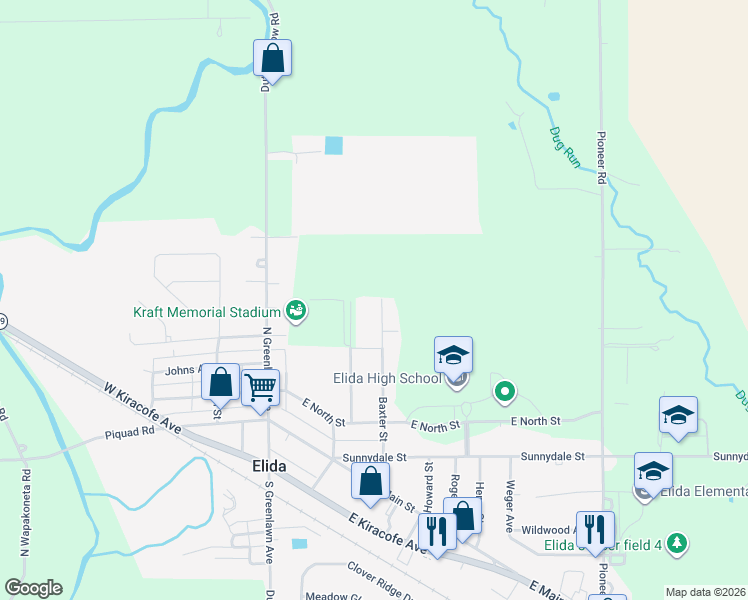 map of restaurants, bars, coffee shops, grocery stores, and more near 325 Baxter Street in Elida