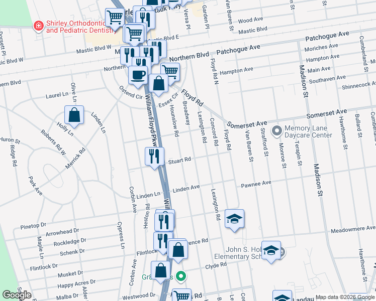 map of restaurants, bars, coffee shops, grocery stores, and more near 52 Broadway in Shirley