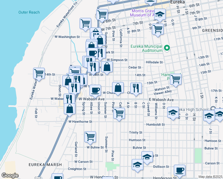 map of restaurants, bars, coffee shops, grocery stores, and more near 1616 Pine Street in Eureka