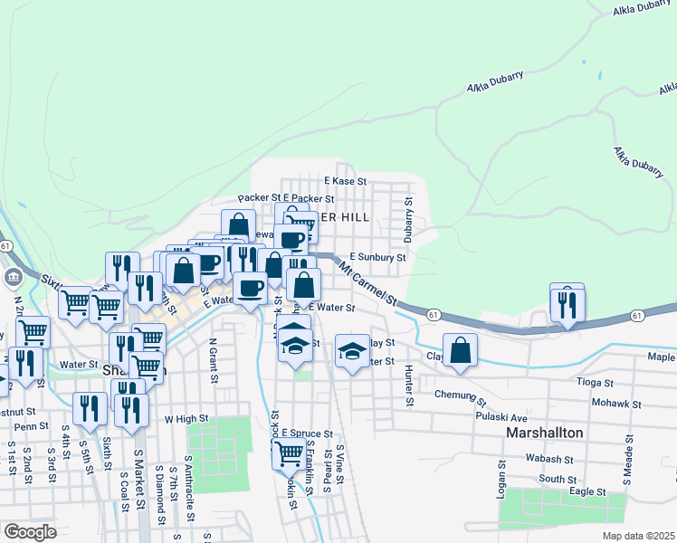 map of restaurants, bars, coffee shops, grocery stores, and more near 700-780 North Pearl Street in Shamokin