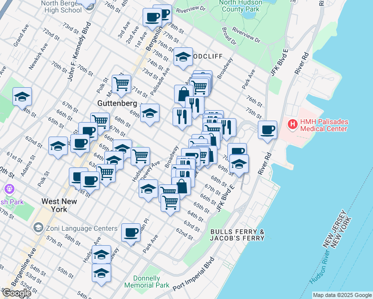 map of restaurants, bars, coffee shops, grocery stores, and more near 137 69th Street in Guttenberg