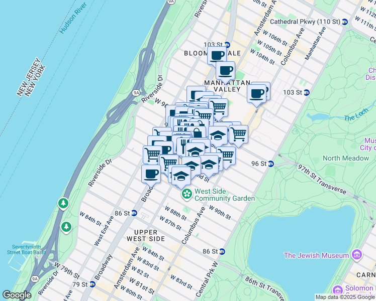 map of restaurants, bars, coffee shops, grocery stores, and more near 690 Amsterdam Avenue in New York