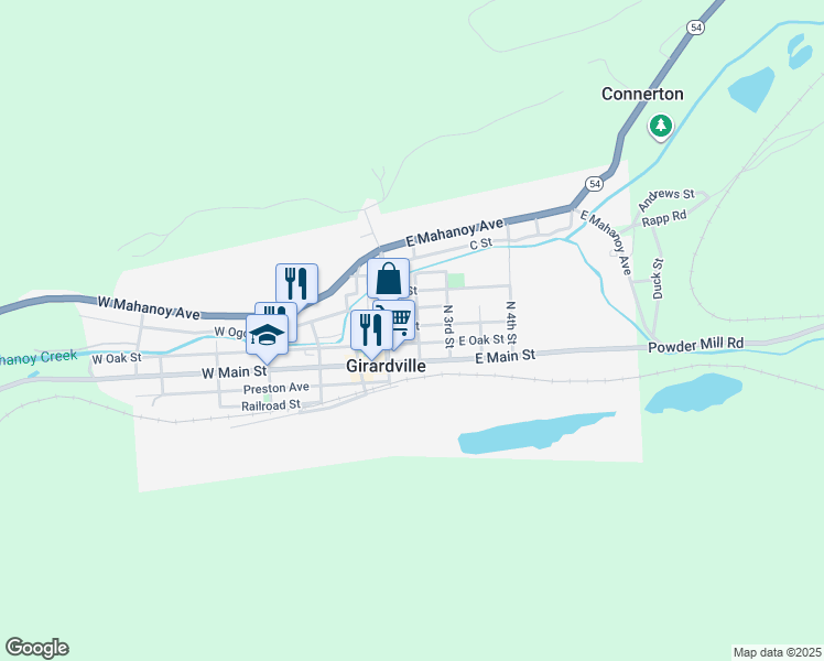 map of restaurants, bars, coffee shops, grocery stores, and more near 133 A Street in Girardville